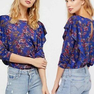 FREE PEOPLE Blue Dock Street Floral Top Small Ruffle Bohemian OB726779 0107